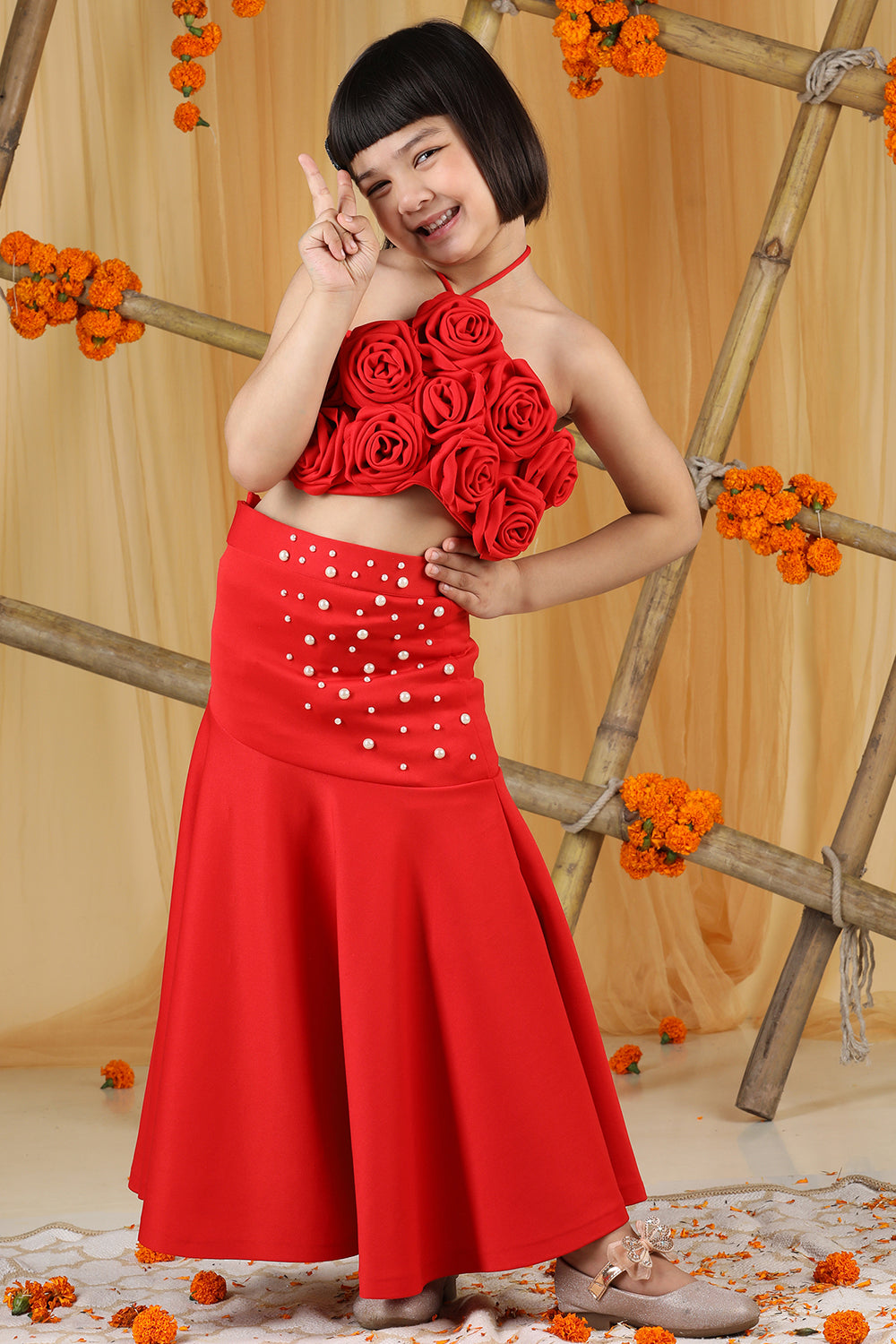Red Pearl Embellishment Lehenga