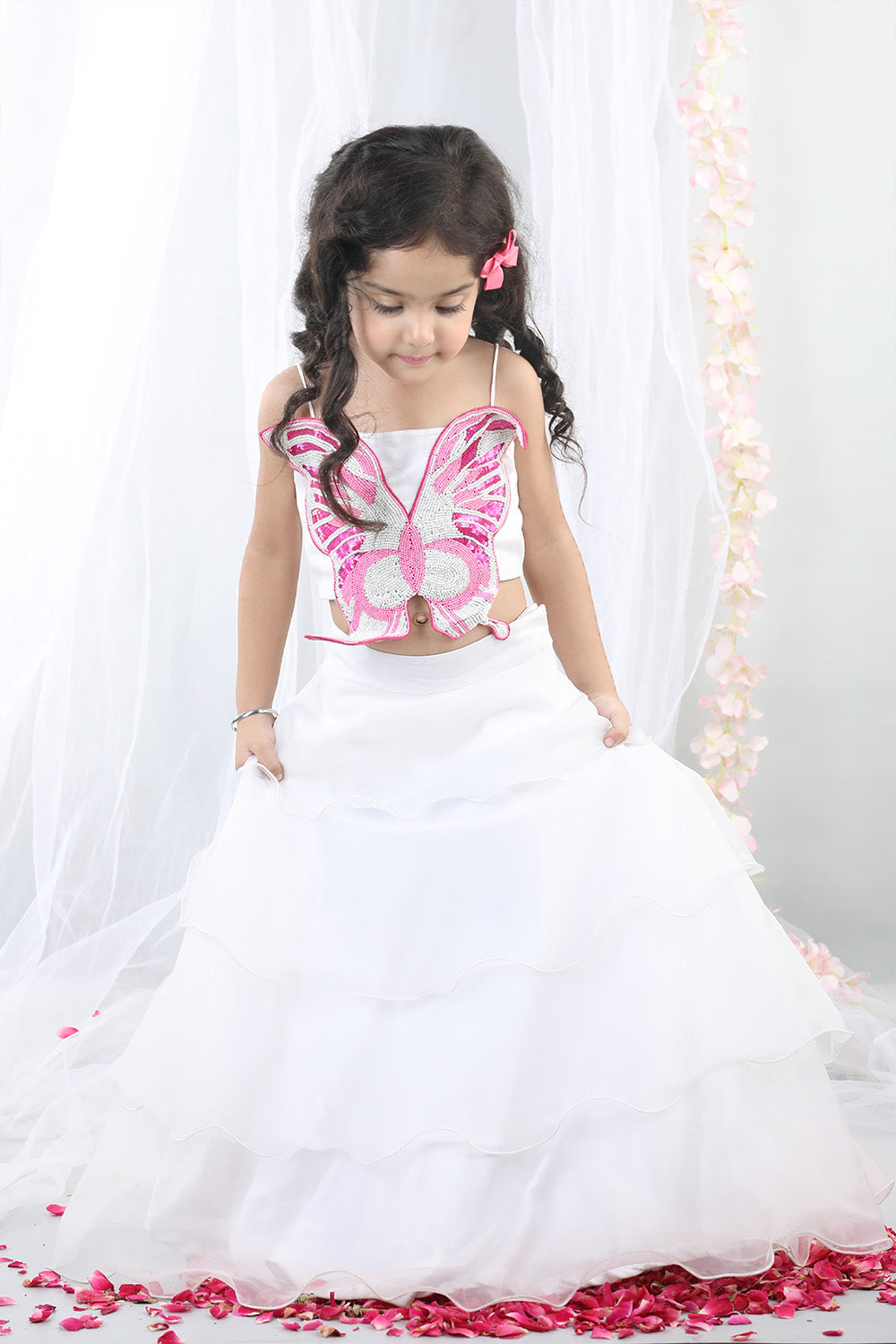 White 3D Butterfly Top With Layered Lehenga