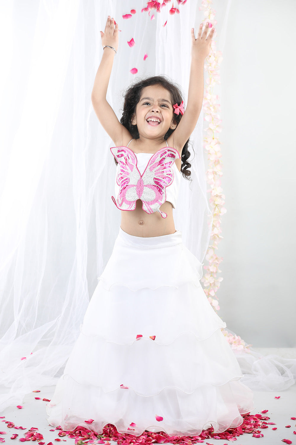 White 3D Butterfly Top With Layered Lehenga