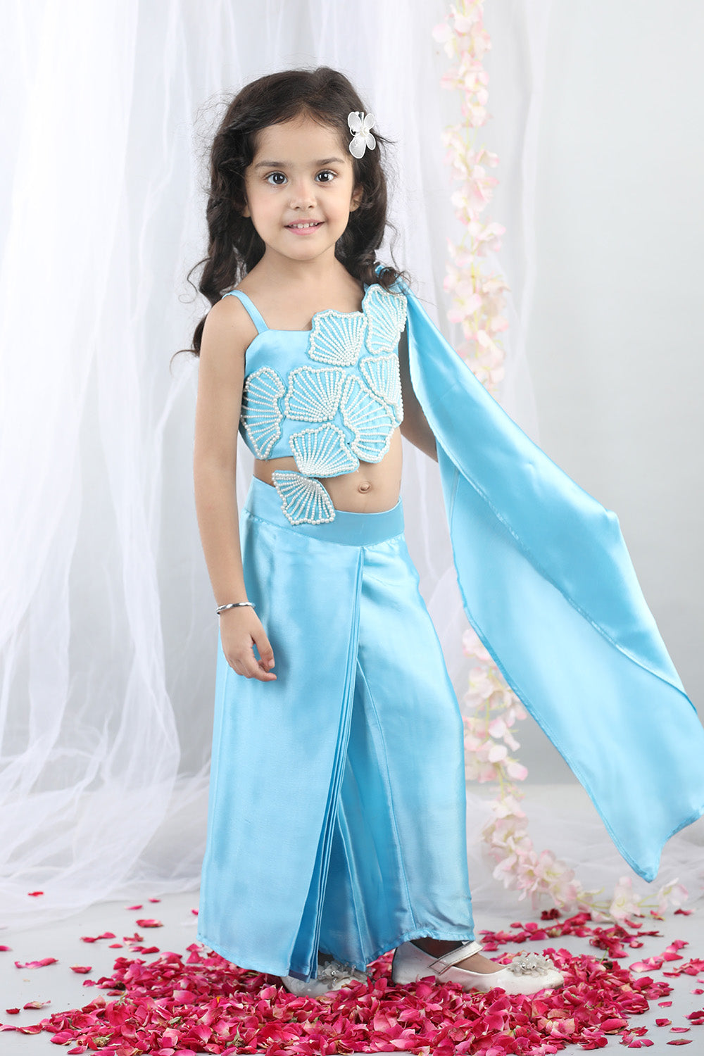 Blue Pearl Embroidered Sea Shell Top With Dhoti