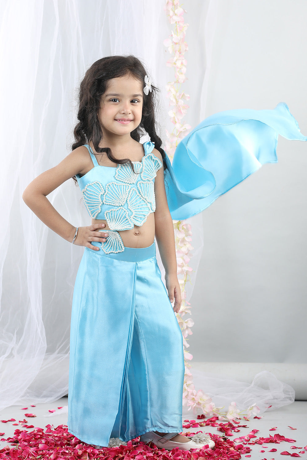 Blue Pearl Embroidered Sea Shell Top With Dhoti