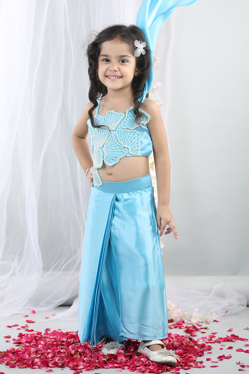 Blue Pearl Embroidered Sea Shell Top With Dhoti