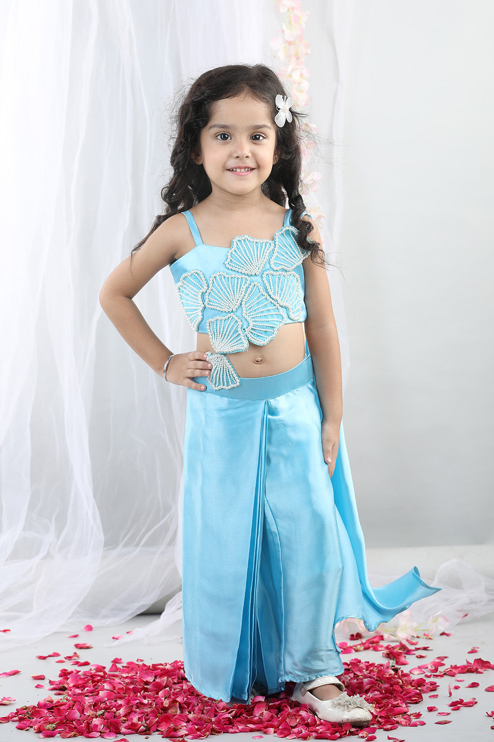 Blue Pearl Embroidered Sea Shell Top With Dhoti