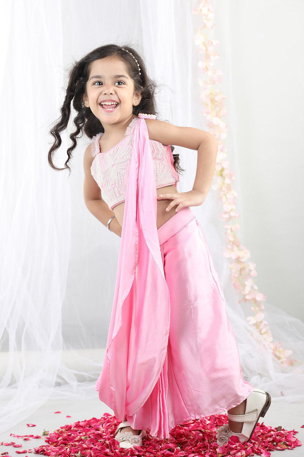Pink Pearl Embroidered Top With Dhoti