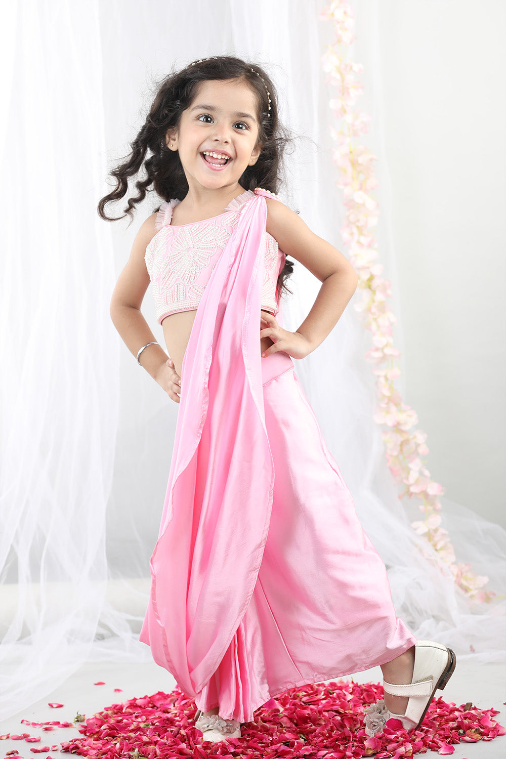 Pink Pearl Embroidered Top With Dhoti
