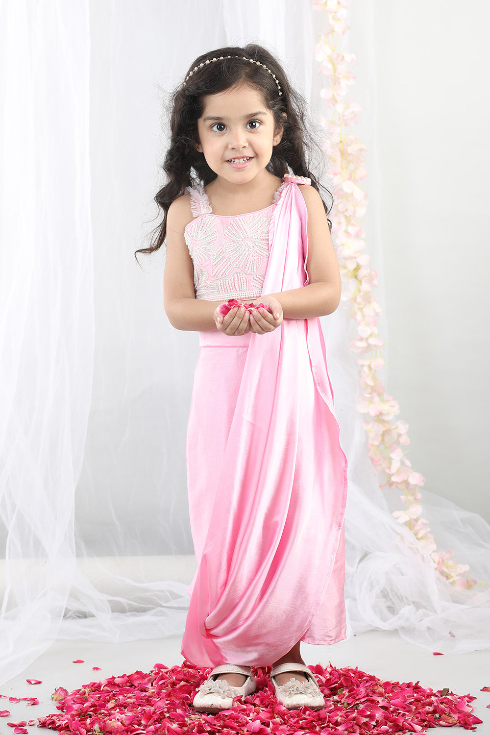 Pink Pearl Embroidered Top With Dhoti
