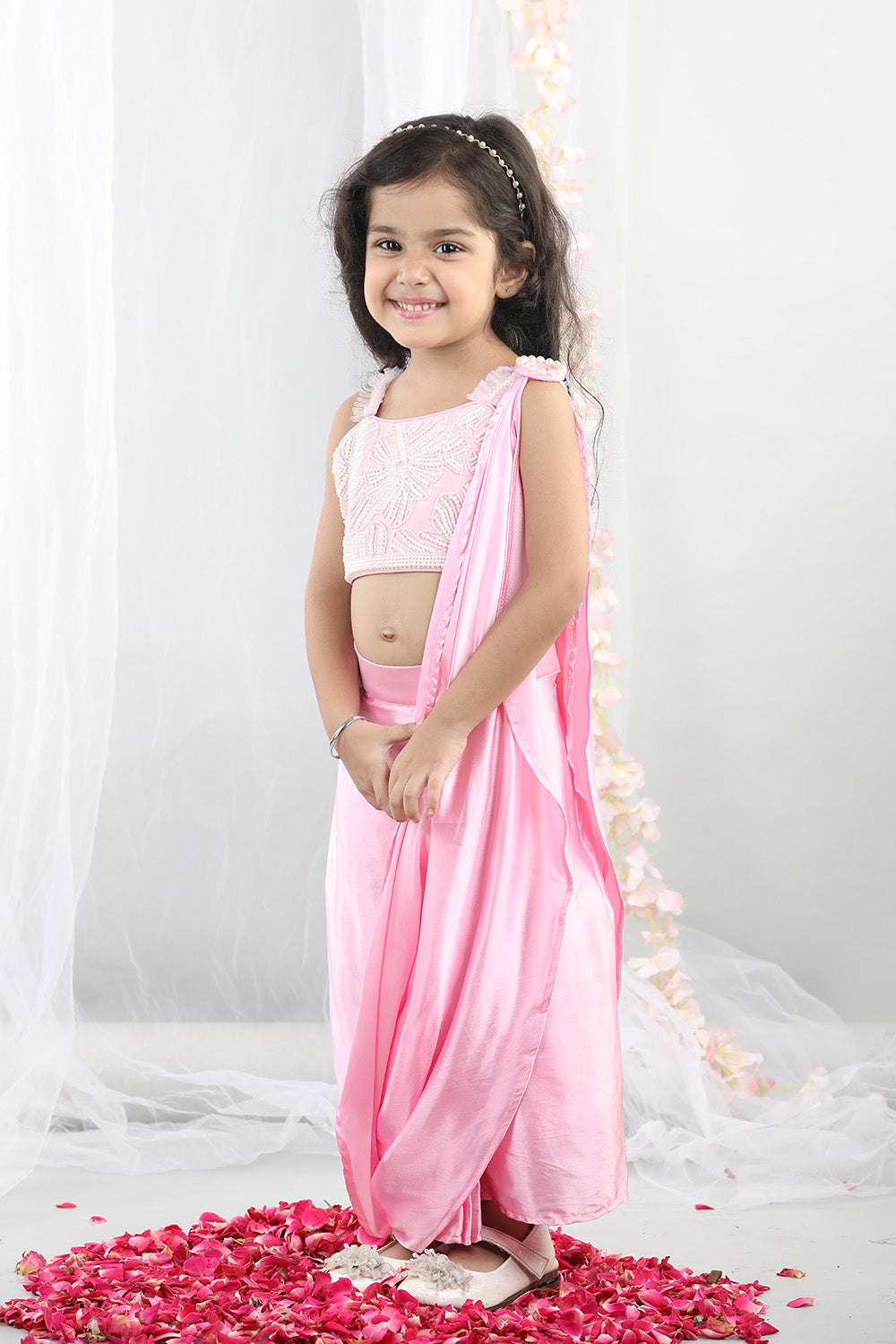 Pink Pearl Embroidered Top With Dhoti