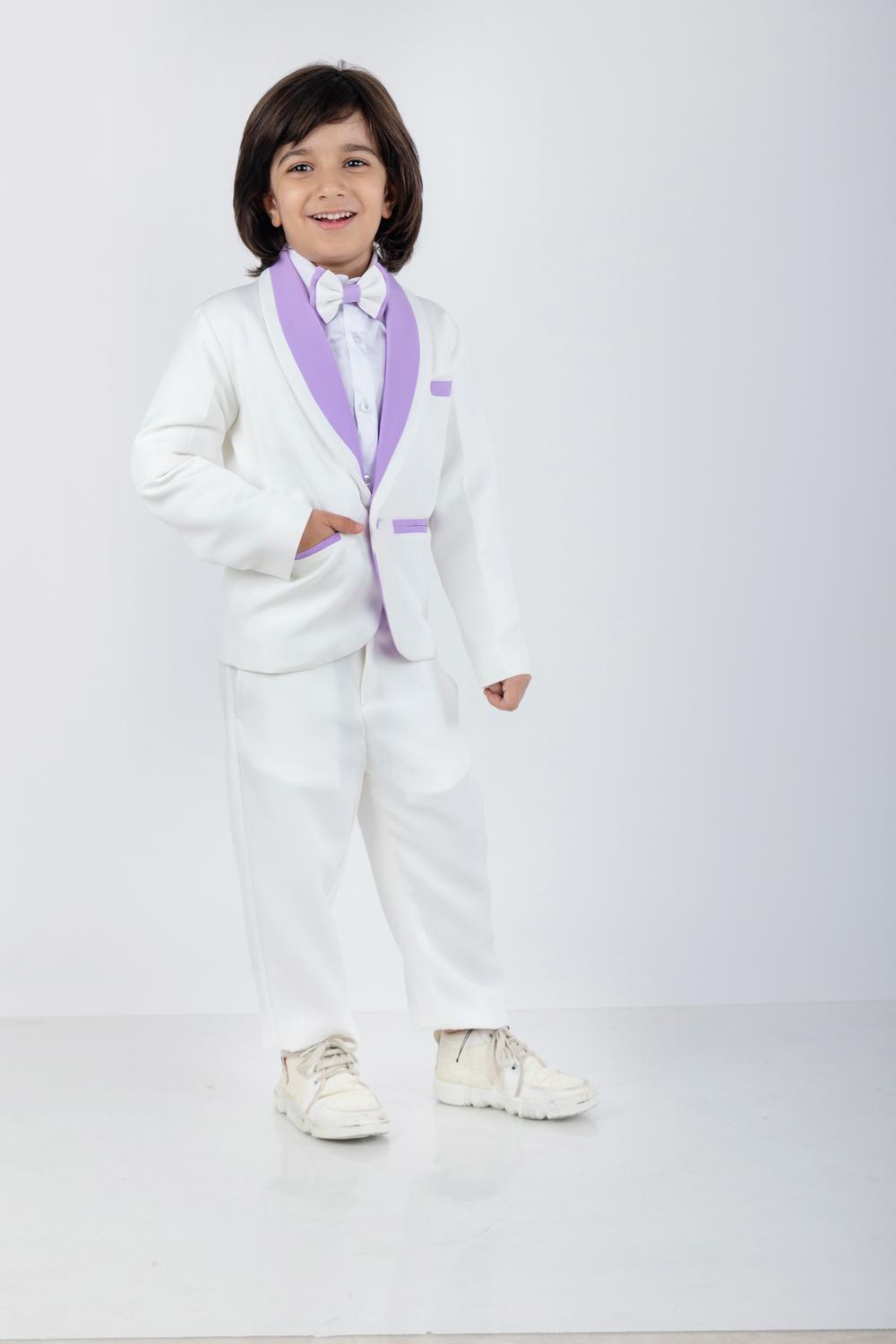 Boys Coat Pant Shirt & Bow Set With Stylish Lapel