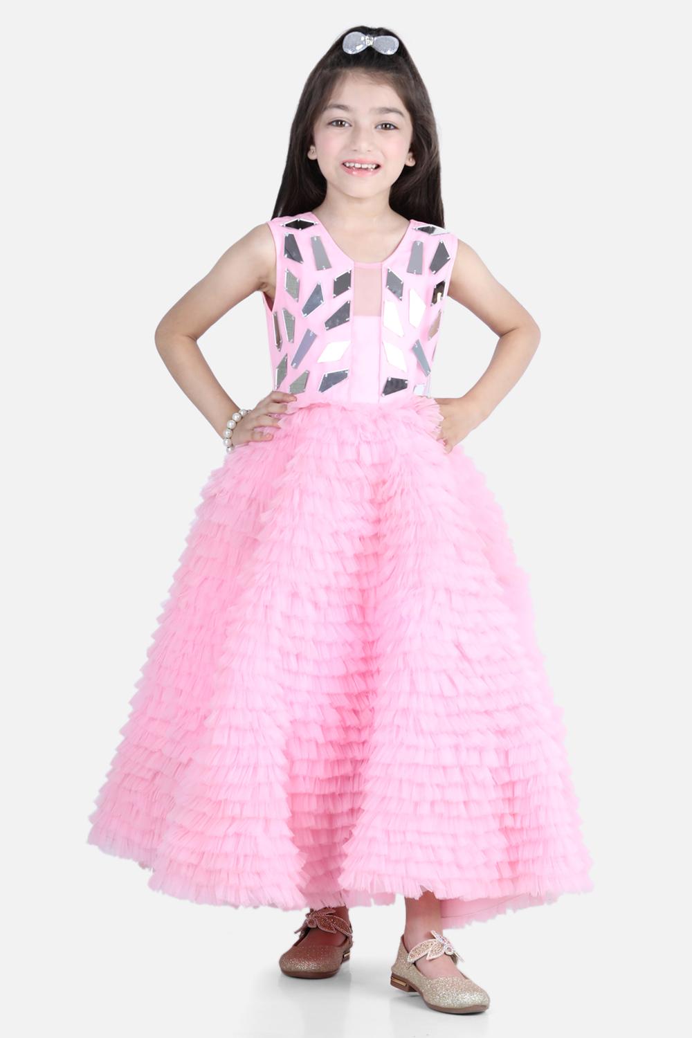 Net Tulle Dress With Acrylic Handwork On Umpire
