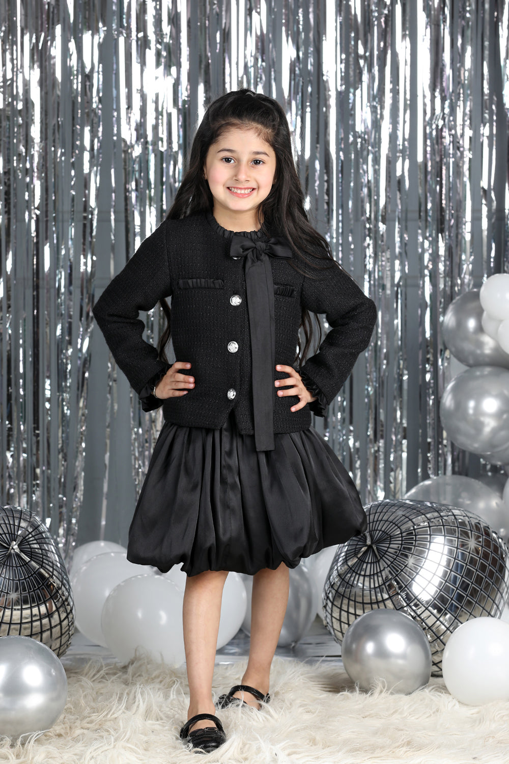 Tweed Coat With Bow N Balloon Skirt