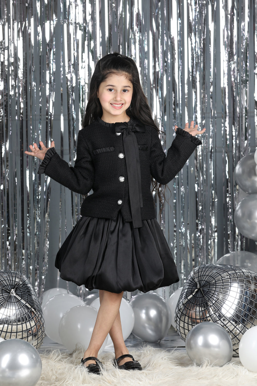 Tweed Coat With Bow N Balloon Skirt