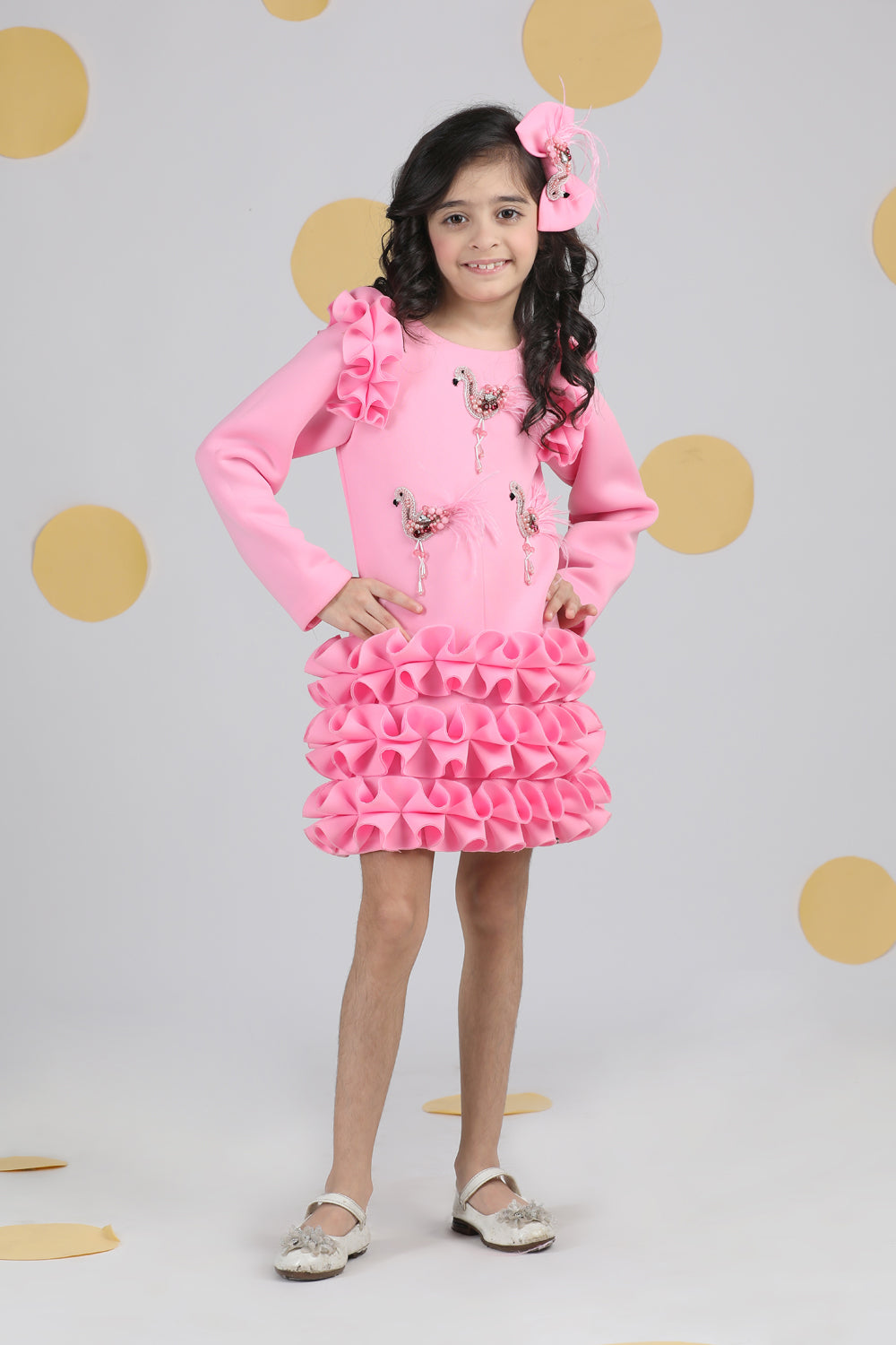 Dress With Tulles N Embroidered Flamingoes N Feathers