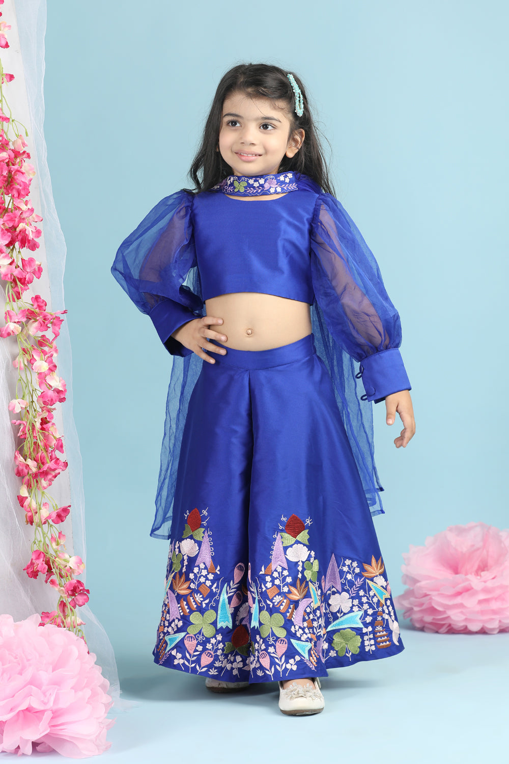 Top With Organza Sleeves And Pants With Thread Embroidery N Choker Dupatta