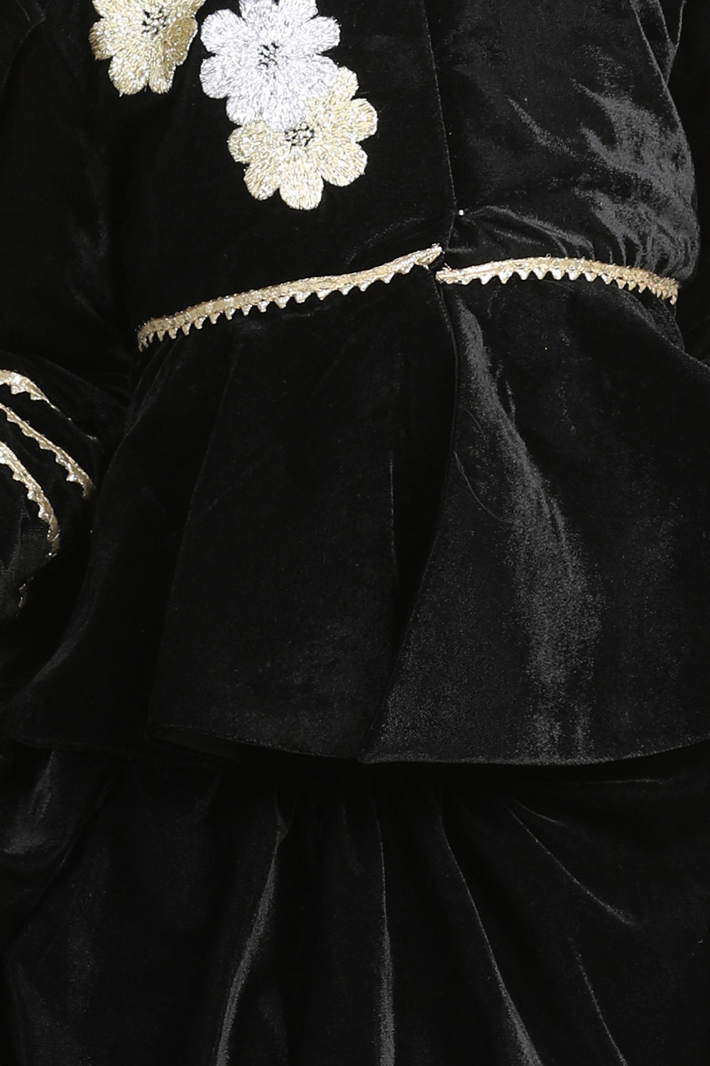 Flattened Thread Work Embroidery On The Peplum Blouse With Gotta Detailing On The Lehanga