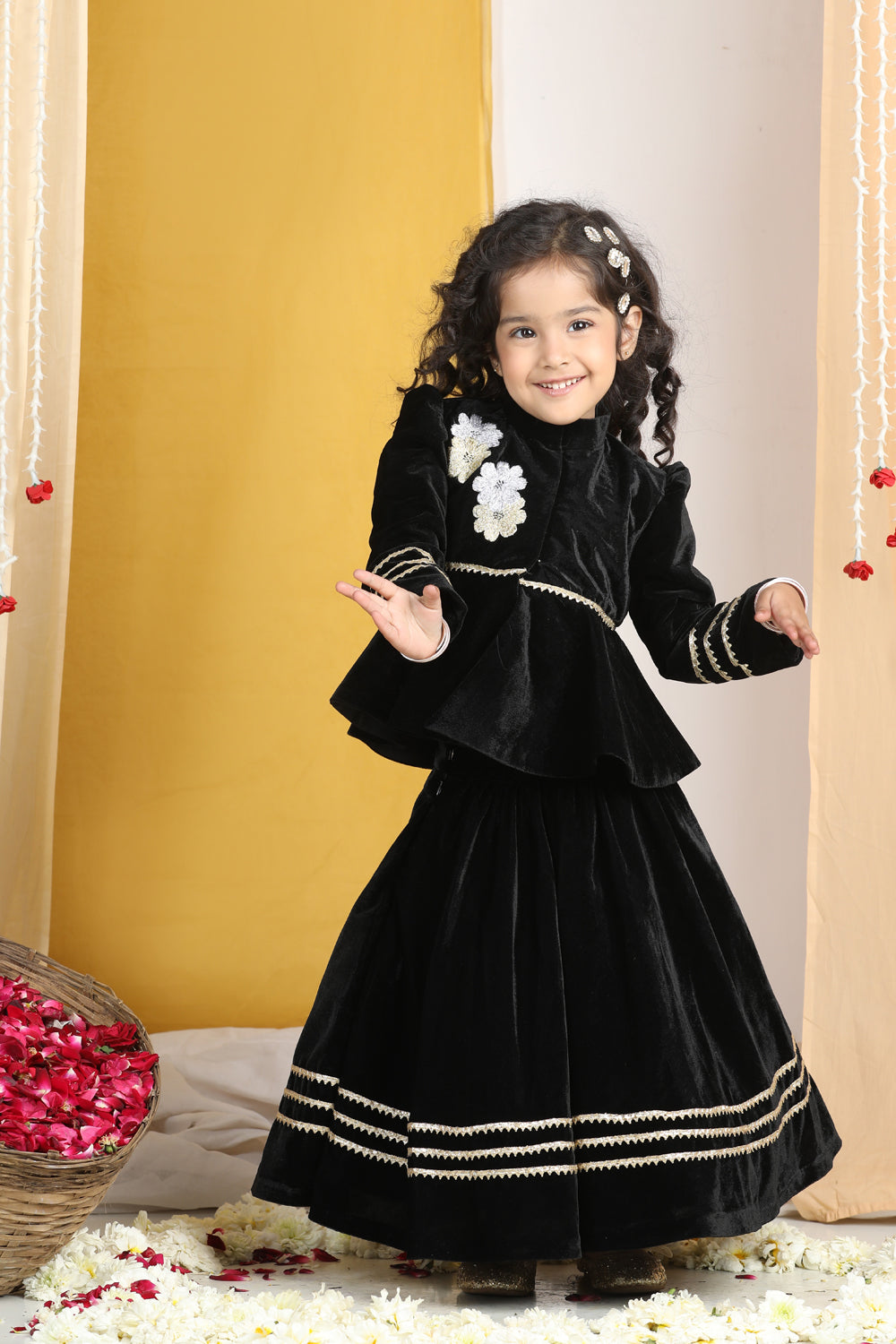 Flattened Thread Work Embroidery On The Peplum Blouse With Gotta Detailing On The Lehanga