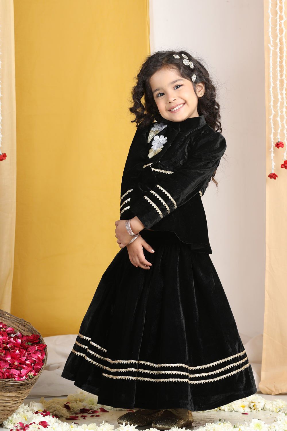 Flattened Thread Work Embroidery On The Peplum Blouse With Gotta Detailing On The Lehanga