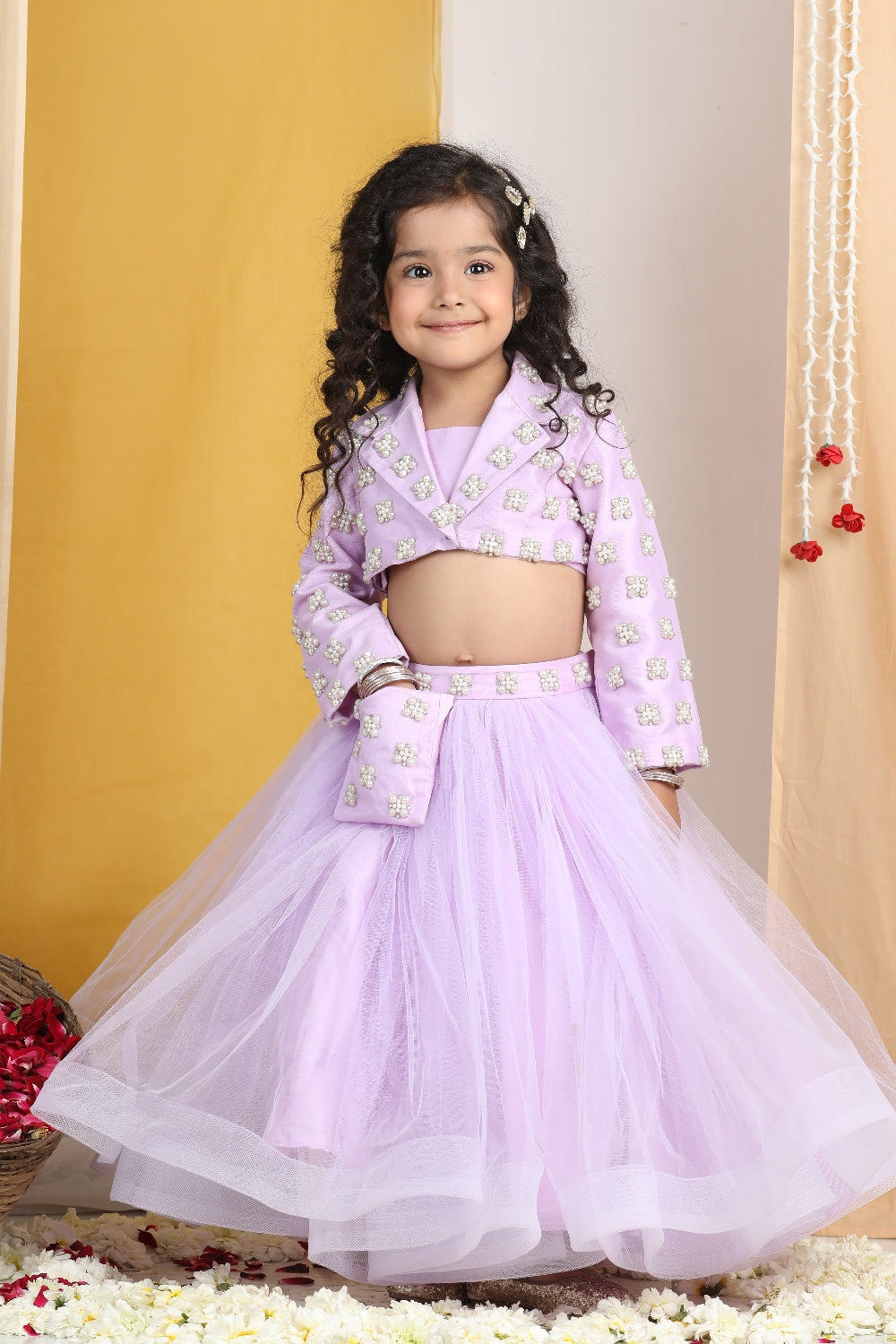 Pearl N Swaroski Work On Blouse N Lehanga Belt With Net Flare Lehanga