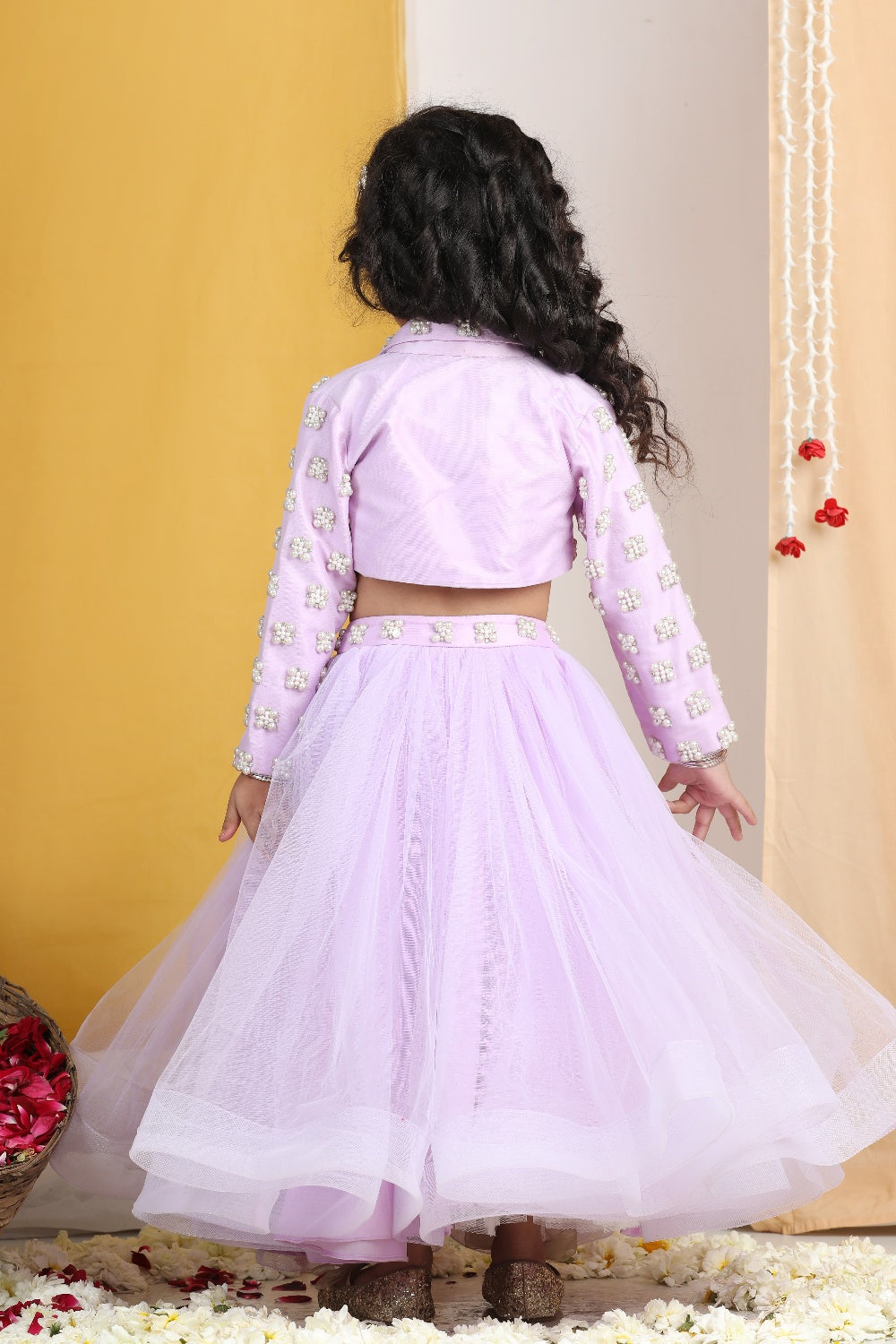 Pearl N Swaroski Work On Blouse N Lehanga Belt With Net Flare Lehanga