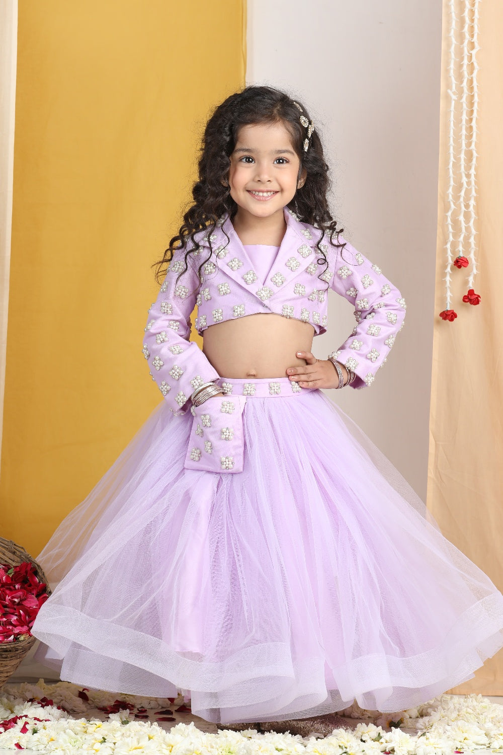 Pearl N Swaroski Work On Blouse N Lehanga Belt With Net Flare Lehanga