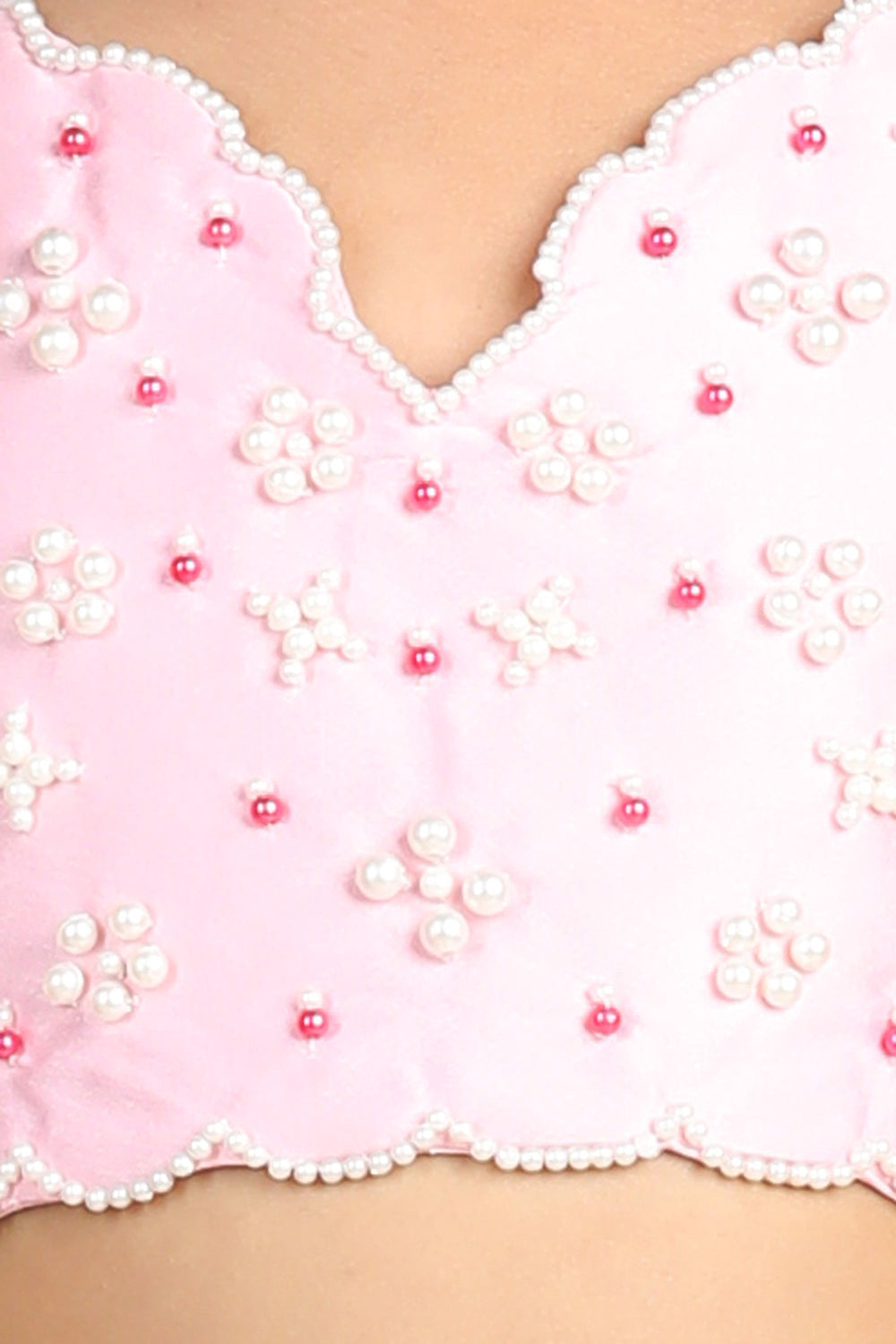 Pearl Work On Blouse With Organza Lehanga