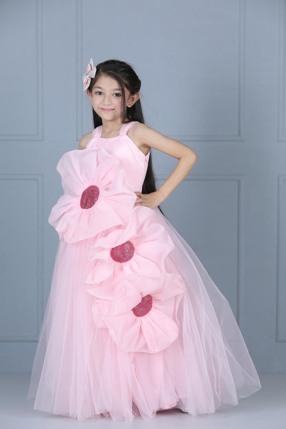 Net Flare Dress With 3D Flower