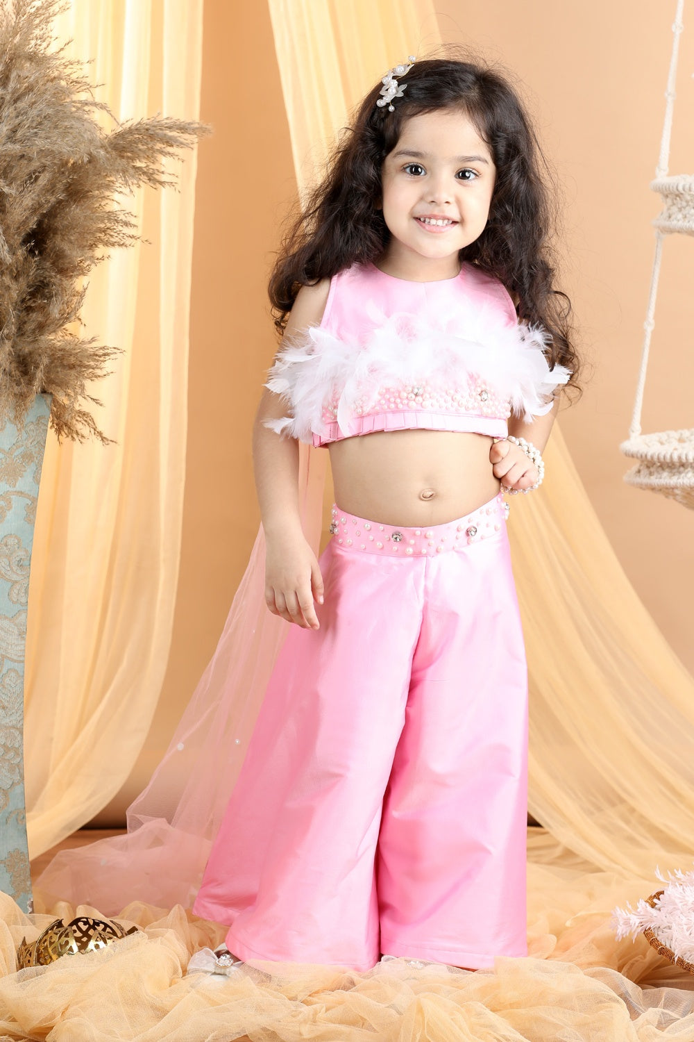 Hand Embroided Top And Palazza Pants With Fur
