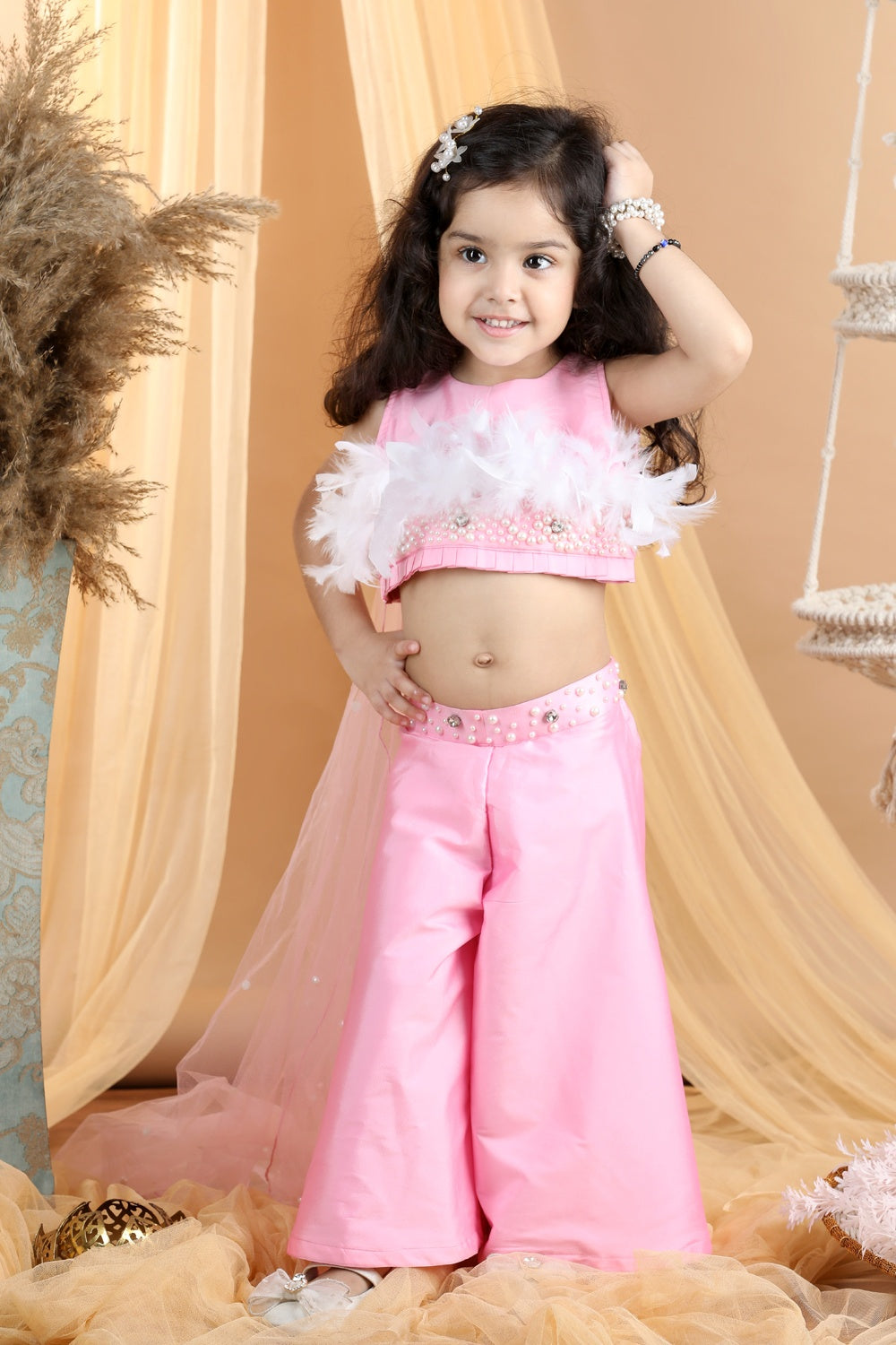 Hand Embroided Top And Palazza Pants With Fur
