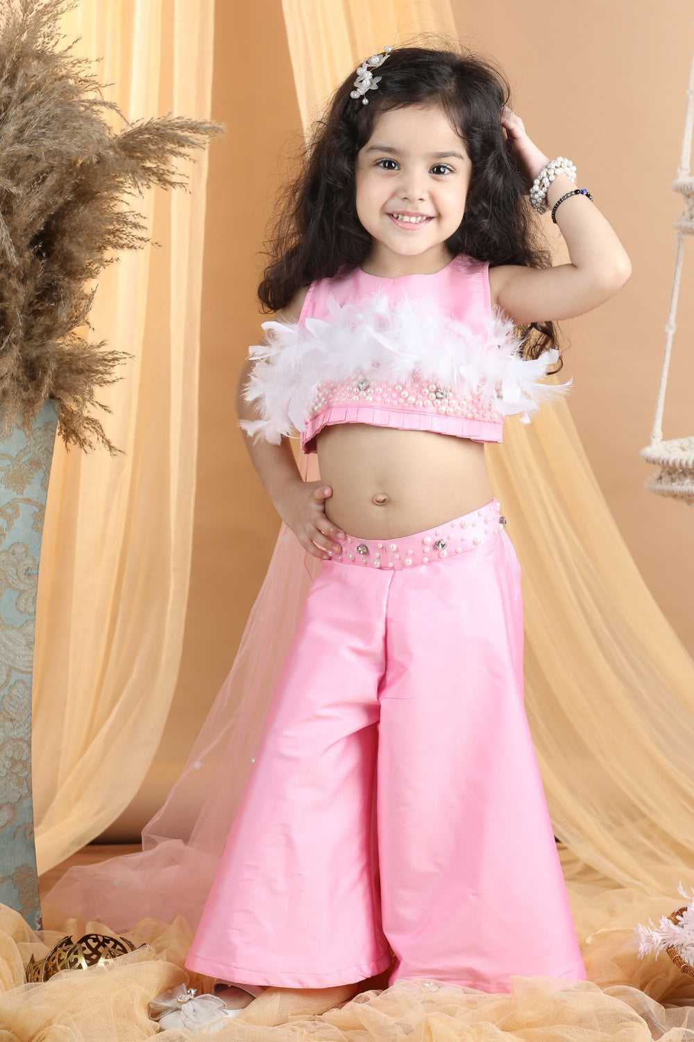 Hand Embroided Top And Palazza Pants With Fur
