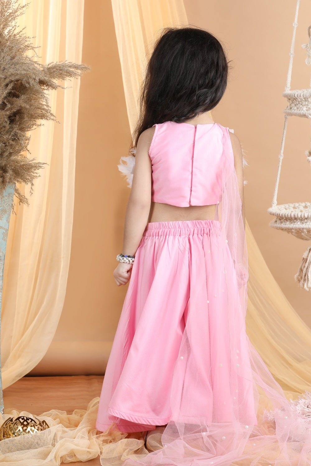 Hand Embroided Top And Palazza Pants With Fur