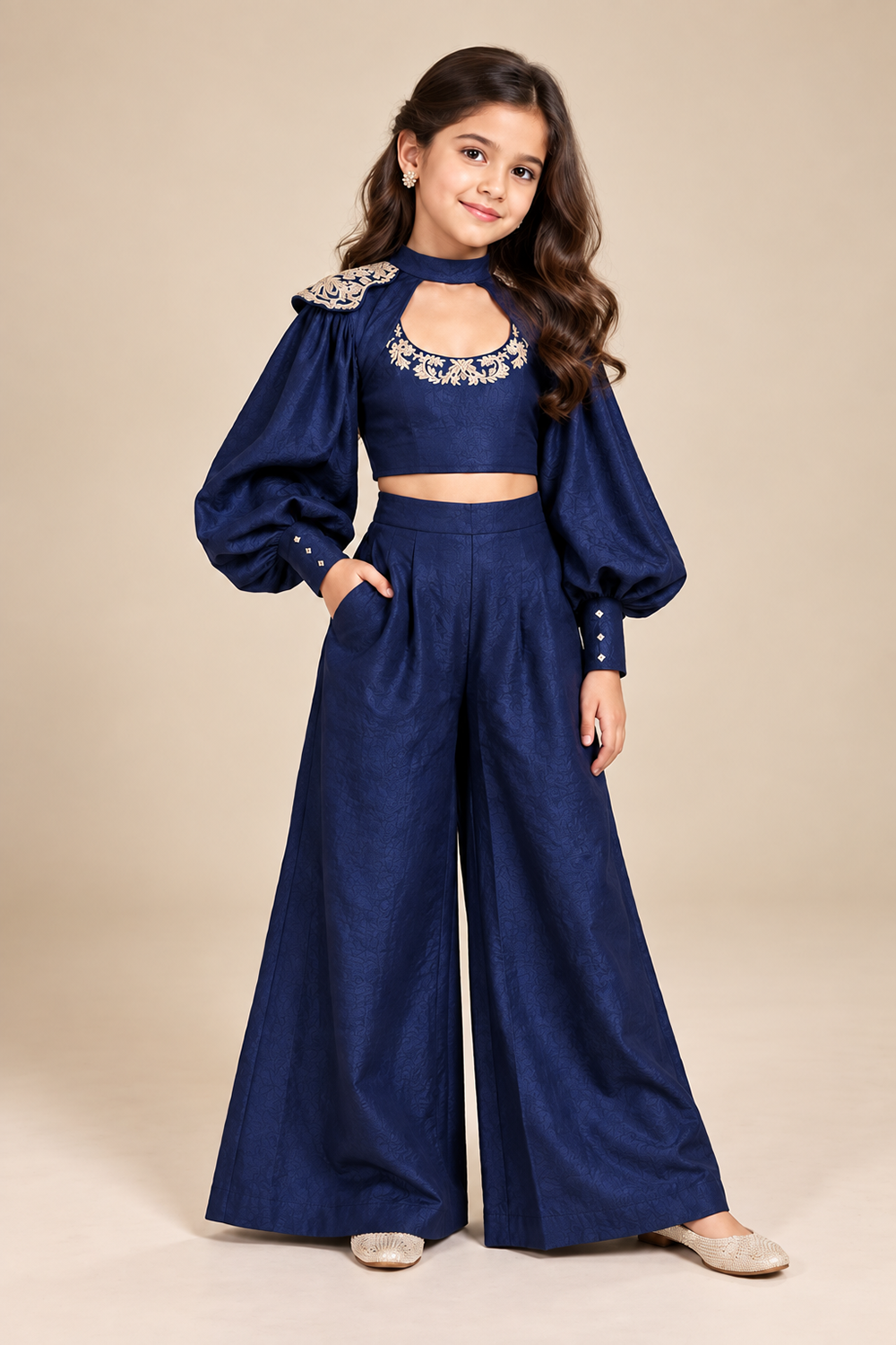 Embroidered Crop Top With Statement Sleeves ,Paired With Wide Leg Trouser