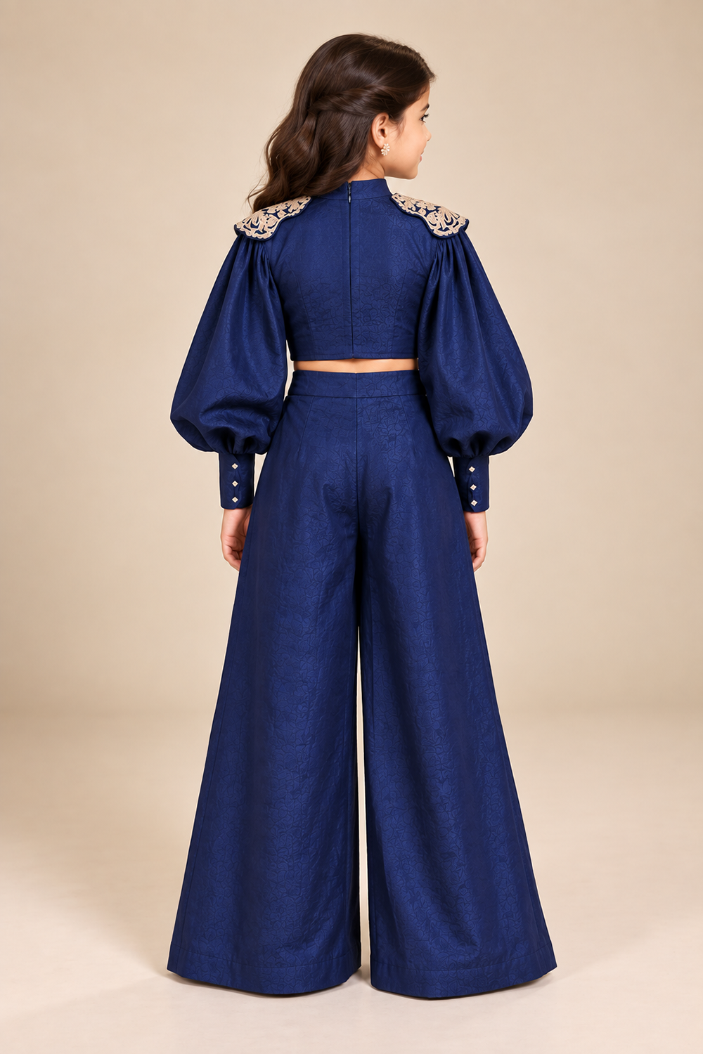 Embroidered Crop Top With Statement Sleeves ,Paired With Wide Leg Trouser