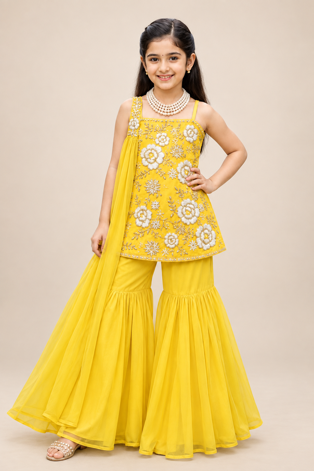 Vibrant Yellow Floral Hand Embroidered Suit Paired With Gharara N Embellished Dupatta