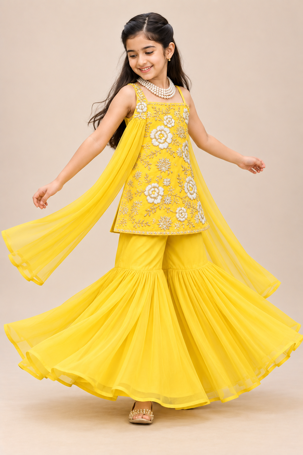 Vibrant Yellow Floral Hand Embroidered Suit Paired With Gharara N Embellished Dupatta