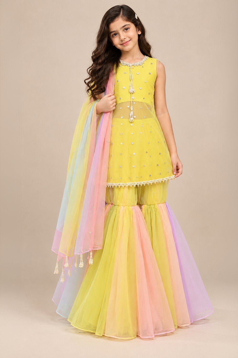 Lemon Yellow Embellished Suit With Dreamy Pastel Panelled Gharara With Matching Dupatta