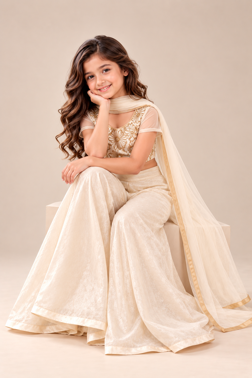Ivory Floral Embroidered Top With Sheer Sleeves, Flowing Plazzo And Tasseled Dupatta