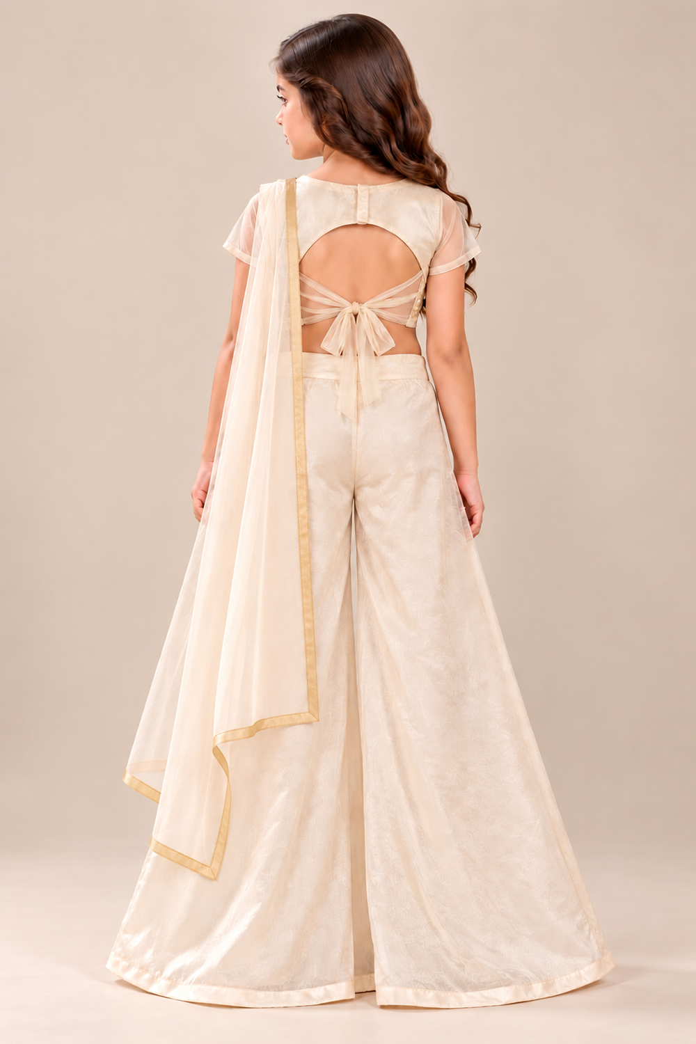 Ivory Floral Embroidered Top With Sheer Sleeves, Flowing Plazzo And Tasseled Dupatta