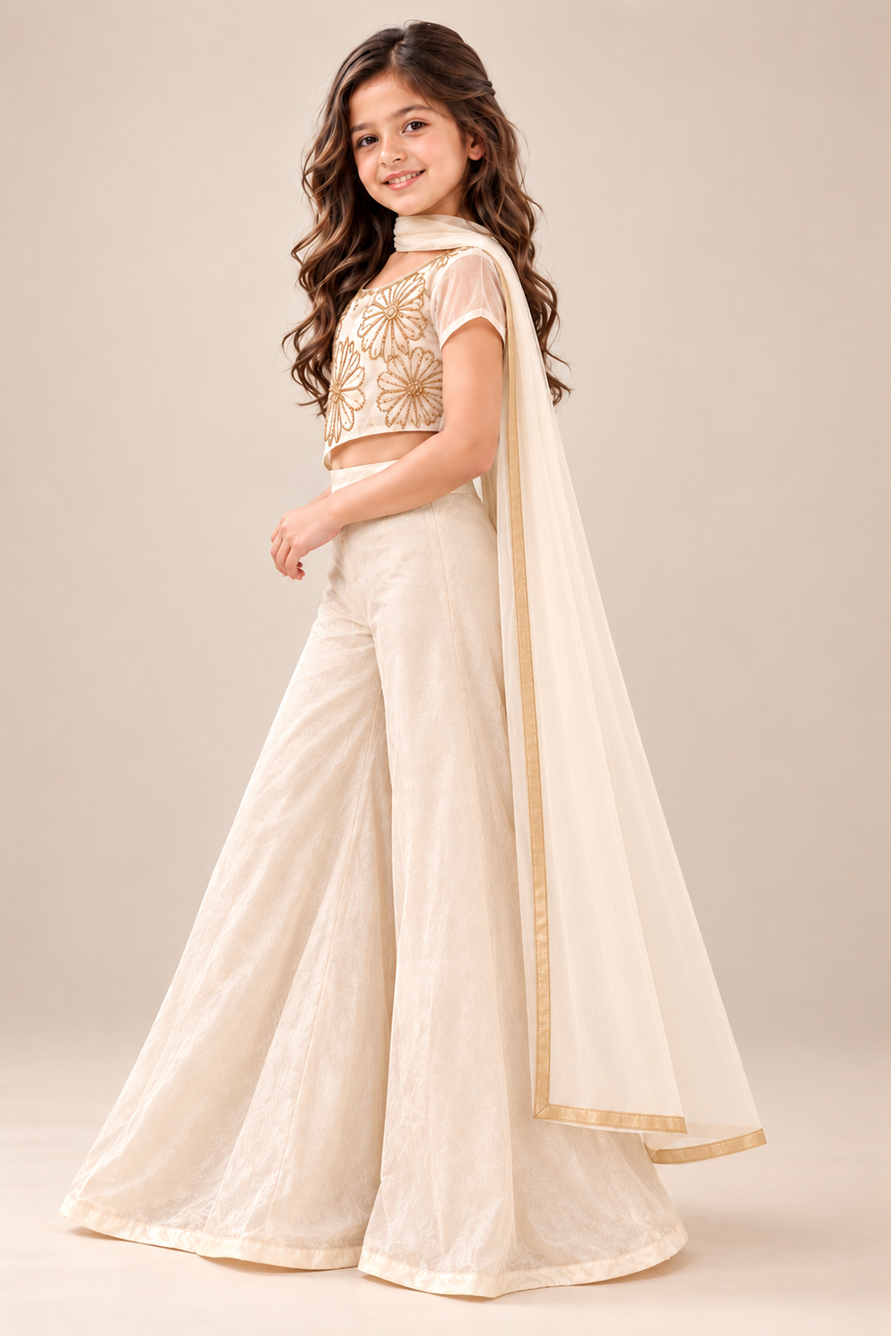 Ivory Floral Embroidered Top With Sheer Sleeves, Flowing Plazzo And Tasseled Dupatta