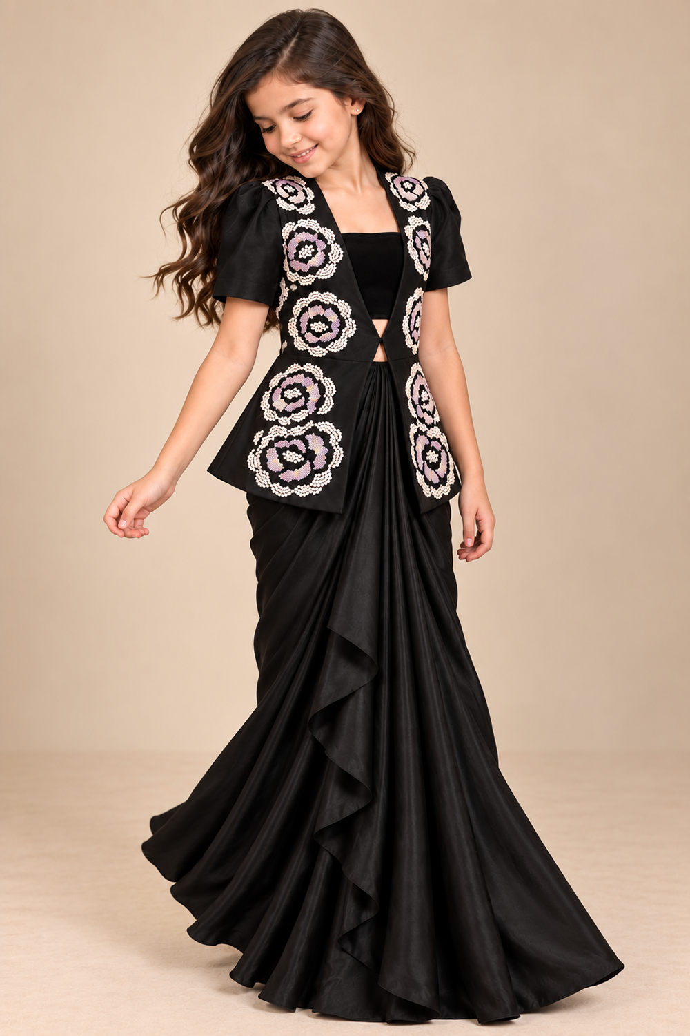 Sleek Draped Skirt Paired With With A Statement Jacket Adorned With Floral Embroidery And Crop Top