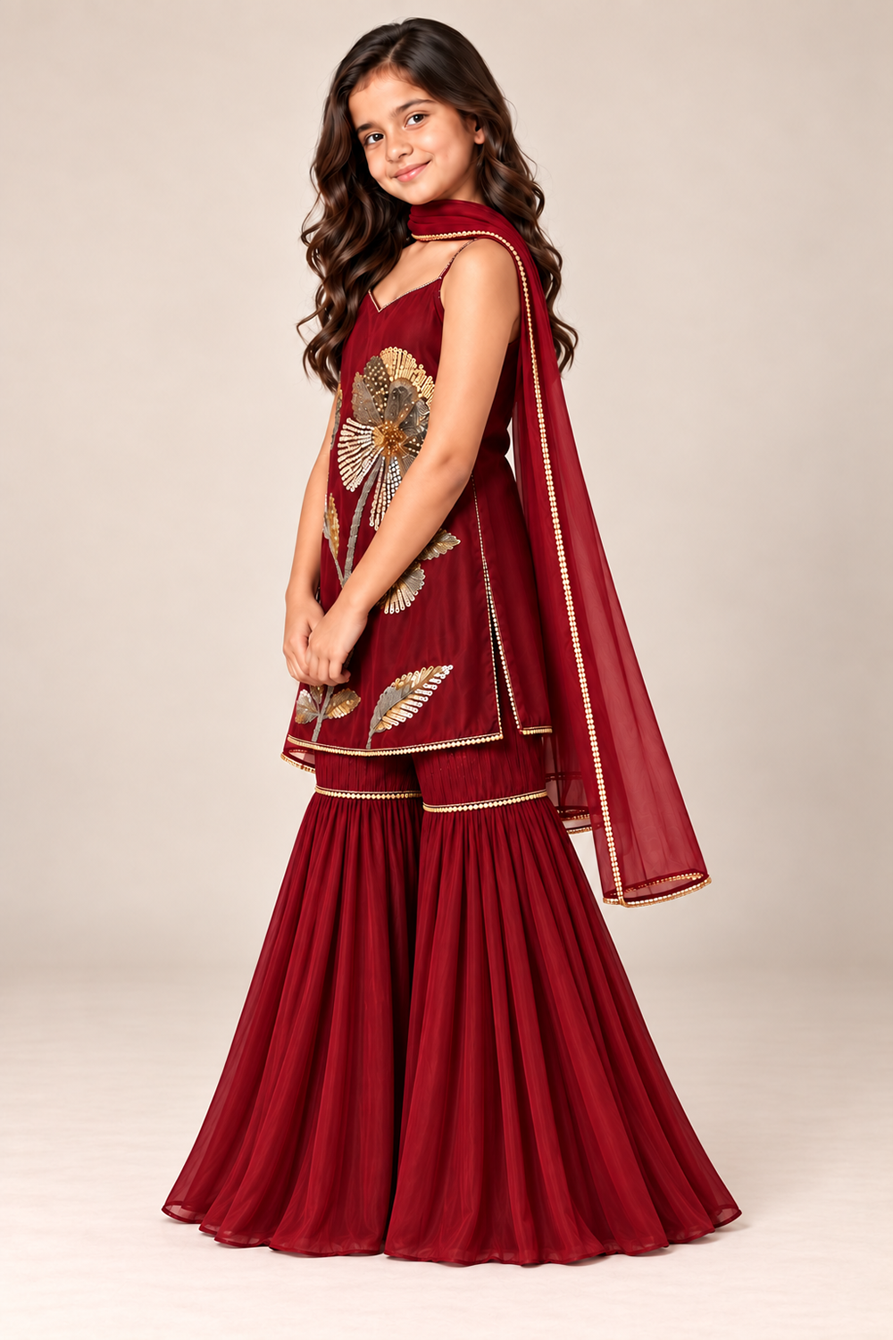 A Rich Maroon Hand Embroidered Suit With Gharara And Laced Dupatta