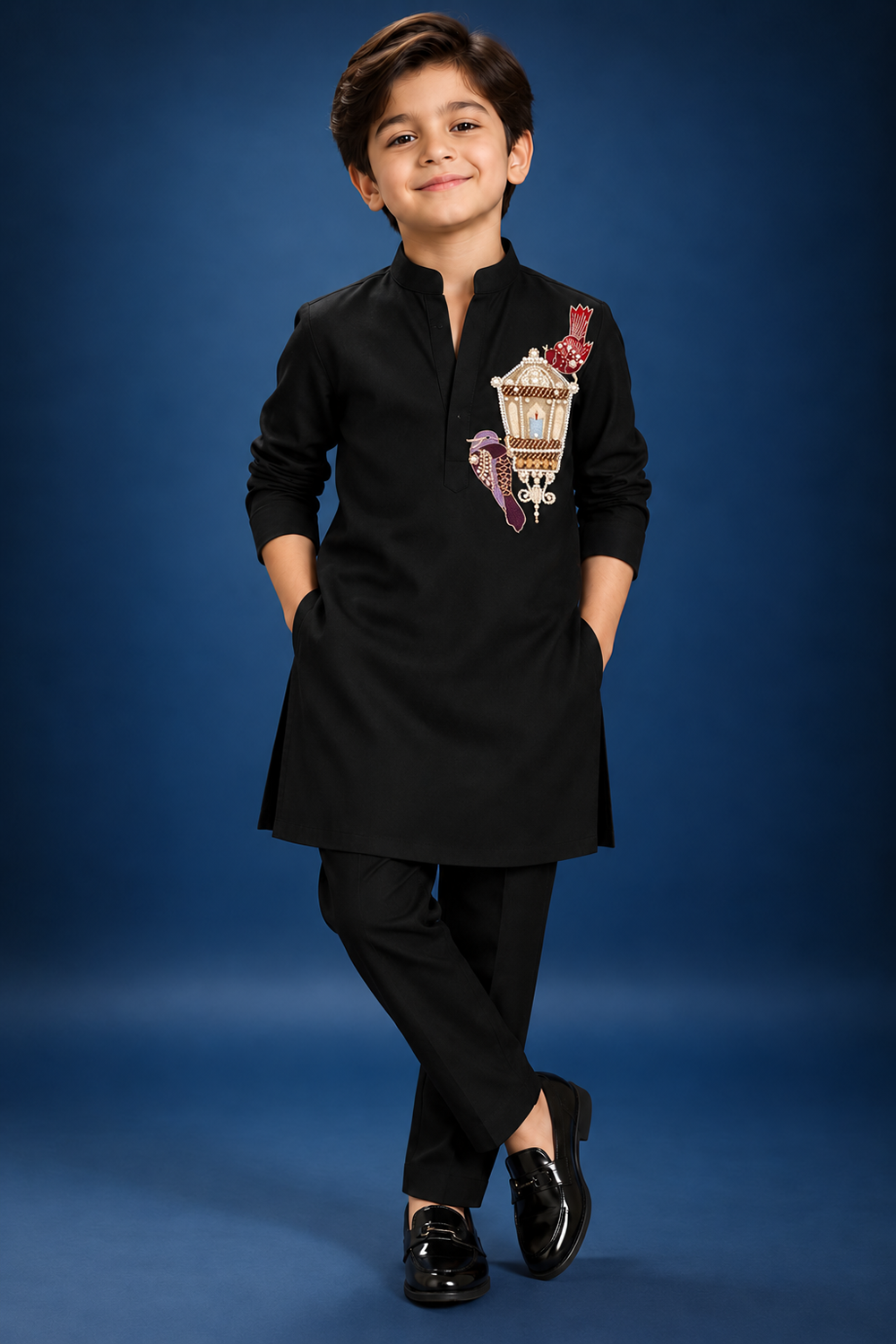 A Classic Black Kurta Pajama With Beautiful Embroidered Motif