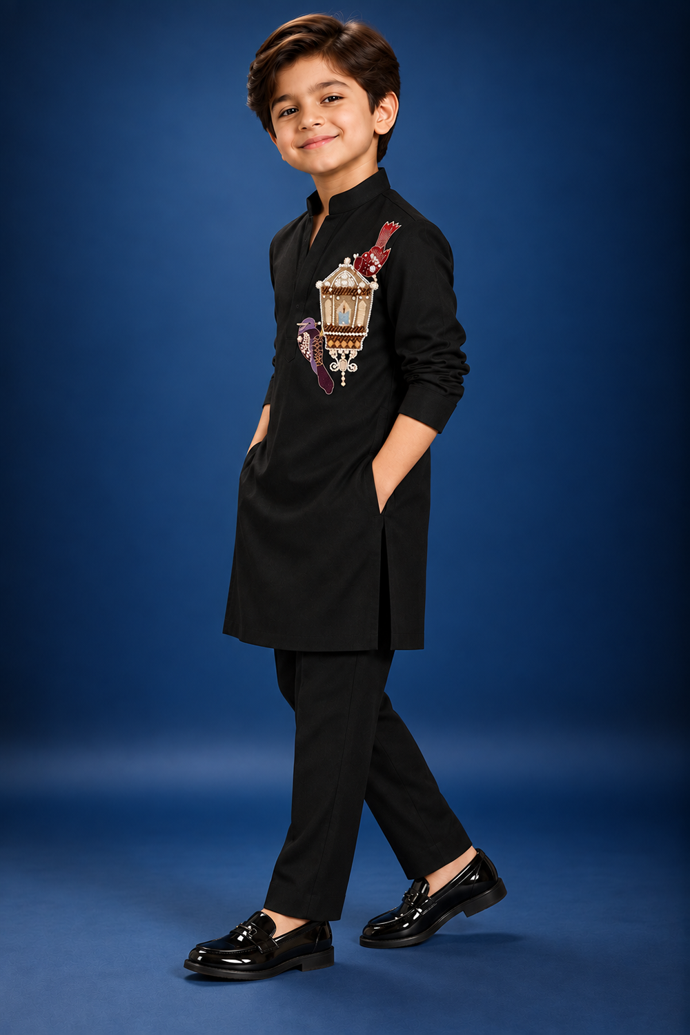 A Classic Black Kurta Pajama With Beautiful Embroidered Motif