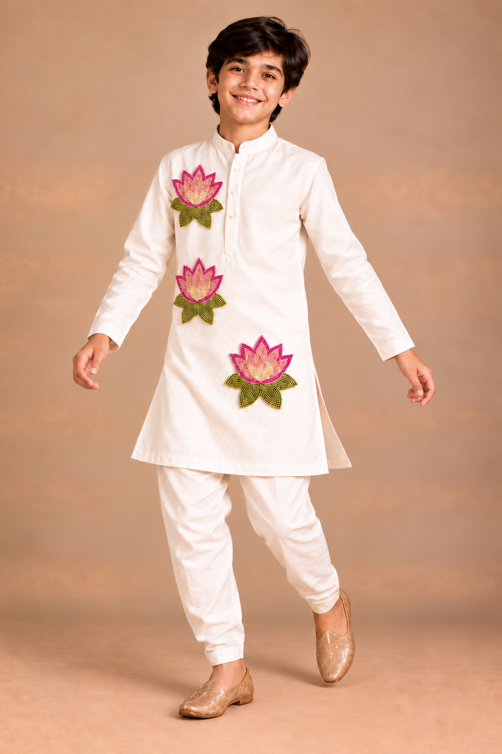 Off - White Kurta Pajama With Vibrant Pink Lotus Embroidery Motif