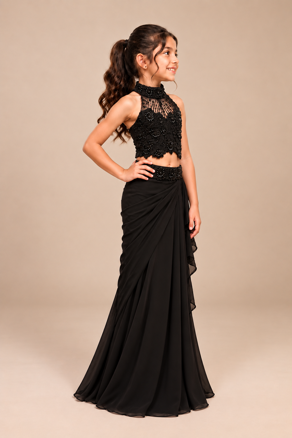 Black Pre-Draped Skirt Paired With Floral Embroidery Halter Top