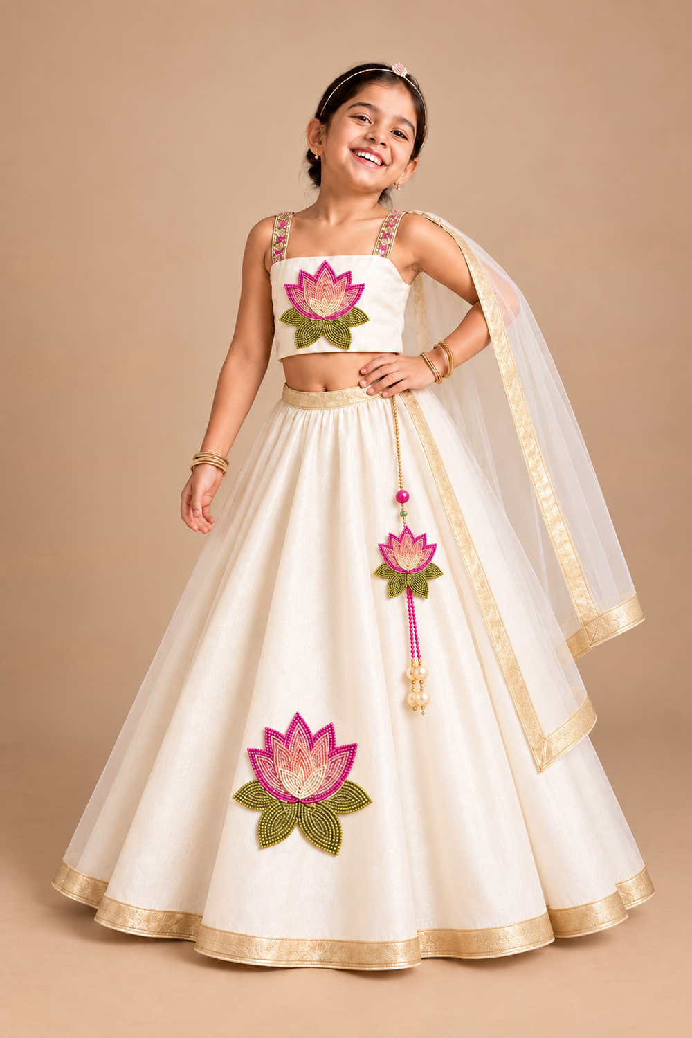 Off White Lehenga With Pink Lotus Embroidery