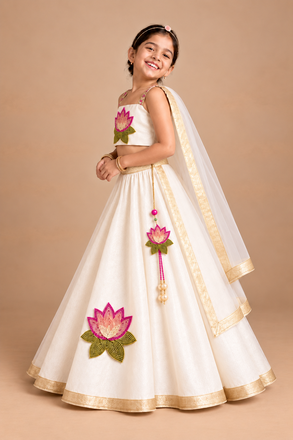 Off White Lehenga With Pink Lotus Embroidery