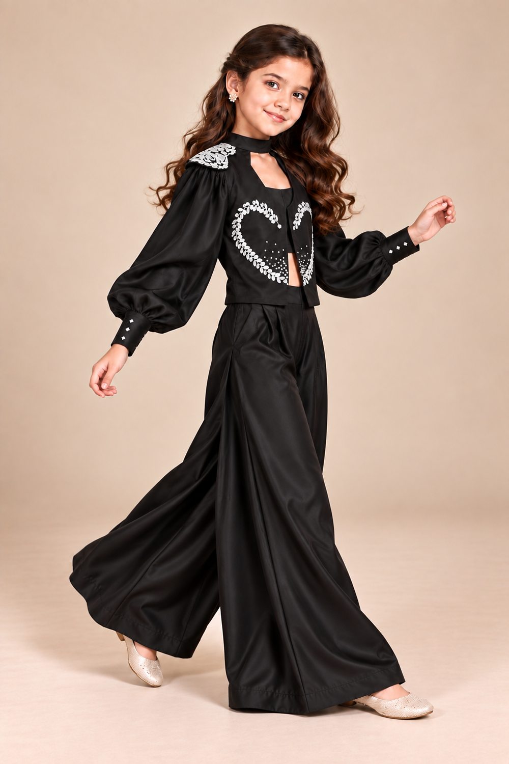 Black Indo Western Set With Statement Embroidered Jacket With Voluminous Sleeves