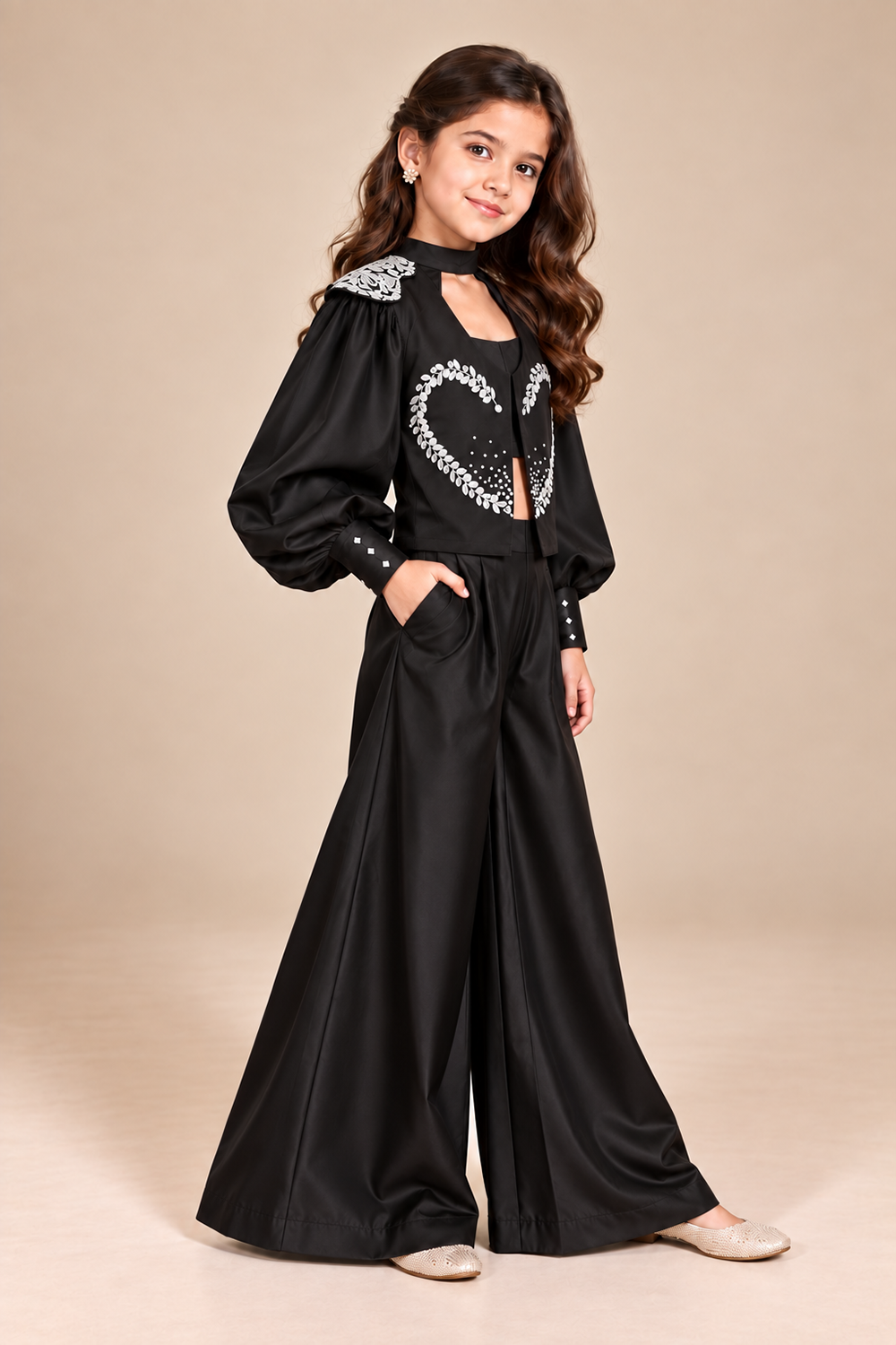 Black Indo Western Set With Statement Embroidered Jacket With Voluminous Sleeves