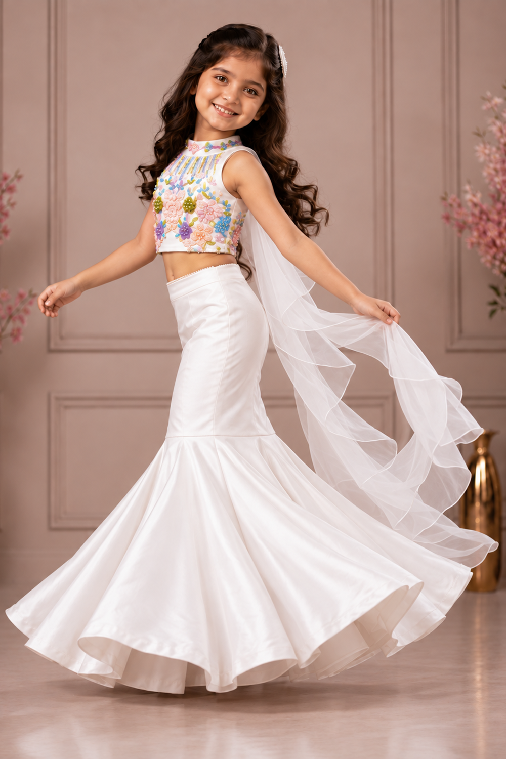 Stunning Fish Cut Lehenga With Vibrant Multi Color Embroidered Blouse And A Flowy Ruffle Dupatta