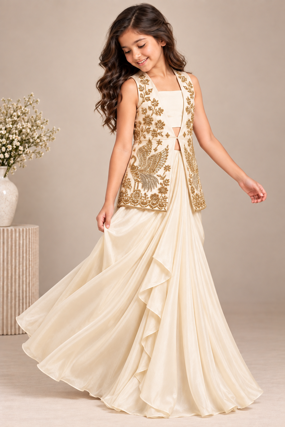 Sleek Draped Skirt Paired With With A Beautiful Embroidered Jacket And A Crop Top