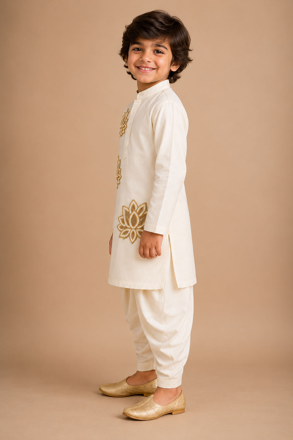 Elegant Kurta Pajama With Statement Golden Lotus Embroidery With Salwar
